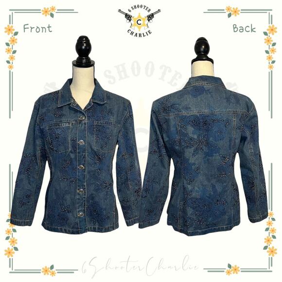 Rare Chico’s Design Denim Jean Jacket Floral Embroidery Beading Size 1 Small - Picture 1 of 6